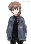  1girl artist_name bangs black_bow black_pants black_shirt bow braid brown_eyes brown_hair bukkuri casual cowboy_shot dated denim denim_jacket eyebrows_visible_through_hair girls_und_panzer grey_jacket hair_bow hair_over_shoulder hands_in_pockets jacket long_hair long_sleeves looking_at_viewer open_clothes open_jacket pants rukuriri shirt signature simple_background single_braid smile solo standing torn_jacket white_background 