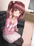  1girl bangs blush breasts brown_eyes brown_hair brown_legwear collarbone commentary_request couch eyebrows_visible_through_hair flat_screen_tv flower hair_flower hair_ornament hand_up head_tilt highres idolmaster idolmaster_cinderella_girls indoors long_hair long_sleeves looking_at_viewer ogata_chieri on_couch pantyhose parted_lips pink_flower pink_shirt pleated_skirt shirt sidelocks sitting skirt small_breasts solo table television twintails u2_(5798239) white_skirt 