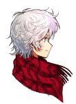  1boy bangs blue_eyes character_request closed_mouth commentary_request copyright_request from_side male_focus mizu_ramen plaid plaid_scarf portrait profile red_scarf scarf simple_background solo white_background white_hair 