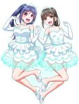  2girls :d arms_up bangs black_eyes black_hair blue_hair blue_outline blush breasts brown_eyes clenched_hands commentary_request dress elbow_gloves eyebrows_visible_through_hair frilled_dress frills gloves hair_between_eyes hair_ornament hand_holding hands_up high_ponytail lace looking_at_viewer love_live! love_live!_sunshine!! matsuura_kanan medium_breasts multiple_girls open_mouth ponytail round_teeth seiyuu seiyuu_connection shoes sidelocks simple_background small_breasts smile suwa_nanaka teeth thank_you_friends!! tiara upper_teeth violet_eyes white_background white_dress white_footwear white_gloves yopparai_oni 