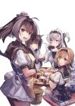  4girls ahoge akizuki_(kantai_collection) apron black_bodysuit black_hair black_sailor_collar black_skirt blowing bodysuit bowl braid brown_hair chopsticks chou-10cm-hou-chan chou-10cm-hou-chan_(suzutsuki&#039;s) chou-10cm-hou-chan_(teruzuki&#039;s) clothes_writing commentary_request corset eating food gloves grey_eyes hachimaki hair_between_eyes hair_flaps hair_ornament hatsuzuki_(kantai_collection) headband holding holding_bowl holding_chopsticks kantai_collection kneehighs light_brown_hair long_hair looking_at_viewer multiple_girls namaashi_(user_fuga4235) neckerchief one_side_up onigiri pantyhose pleated_skirt ponytail propeller_hair_ornament rice rice_bowl sailor_collar school_uniform serafuku short_hair silver_hair simple_background sitting skirt suzutsuki_(kantai_collection) table teruzuki_(kantai_collection) twin_braids two-tone_gloves violet_eyes white_background white_bodysuit white_neckwear white_serafuku white_skirt yellow_eyes 