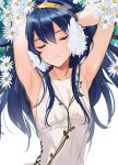  1girl armpits arms_behind_head arms_up bangs blue_hair closed_eyes clothing_request collarbone cross-laced_clothes facing_viewer fire_emblem fire_emblem:_kakusei flower flower_request hair_between_eyes hand_in_hair hands_in_hair highres long_hair lucina nintendo ormille solo tiara upper_body white_background 