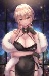  1girl bare_shoulders black_dress black_gloves blonde_hair blush breasts cenangam cleavage detached_collar dress finger_to_mouth fur girls_frontline gloves large_breasts long_hair looking_at_viewer open_mouth ots-14_(girls_frontline) solo yellow_eyes 