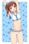  1girl :d anchor_print armpits arms_up bangs bikini blue_background blue_bow blue_neckwear bow bow_bikini brown_eyes brown_hair commentary cowboy_shot eyebrows_visible_through_hair hair_bow hat idolmaster idolmaster_cinderella_girls igarashi_kyouko kozeni_isari leaning_to_the_side long_hair looking_at_viewer navel neckerchief one_side_up open_mouth outside_border sailor_bikini sailor_collar sailor_swimsuit_(idolmaster) smile solo standing star starry_background swimsuit thighs white_hat 