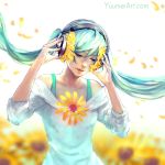  1girl aqua_hair closed_eyes commentary english_commentary facing_viewer flower hatsune_miku headphones highres long_hair petals solo sunflower twintails very_long_hair vocaloid watermark web_address wenqing_yan wind 