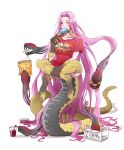  1girl alternate_costume bottomless breasts chips claws collarbone commentary doughnut drinking drinking_straw eating eyebrows_visible_through_hair eyes_visible_through_hair fate/grand_order fate_(series) food gorgon_(fate) highres large_breasts long_hair monster_girl mubo7mubo4 popsicle potato_chips purple_hair rider scales sharp_teeth shirt snake solo t-shirt tail teeth very_long_hair violet_eyes 