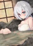  1girl absurdres blue_eyes highres konno_junko long_hair naked_towel nanakaku onsen partially_submerged rock silver_hair solo towel zombieland_saga 