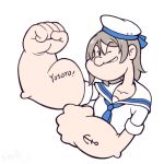  1girl anchor_tattoo arm_up blue_neckwear brown_hair clenched_hands collarbone commentary english_commentary grin hat langbazi looking_at_viewer love_live! love_live!_sunshine!! muscle muscular_female neckerchief one_eye_closed parody popeye popeye_the_sailor sailor_collar sailor_hat shirt short_sleeves simple_background smile solo style_parody tattoo watanabe_you white_background white_hat white_sailor_collar white_shirt 