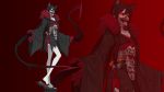  1girl animal_ears blake_belladonna braided_ponytail breasts cat_ears cleavage corruption dishwasher1910 face_mask fur-trimmed_sleeves fur_collar fur_trim grimm japanese_clothes kimono mask pale_skin red_background red_eyes red_sclera rwby sandals sharp_teeth solo teeth tentacle torn_clothes 