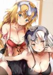  2girls bangs bedroom black_nightgown blonde_hair blue_eyes board_game braid breasts cleavage commentary_request eyebrows_visible_through_hair fate/grand_order fate_(series) go headpiece indoors jeanne_d&#039;arc_(alter)_(fate) jeanne_d&#039;arc_(fate) jeanne_d&#039;arc_(fate)_(all) large_breasts multiple_girls pon_(ponidrop) red_nightgown short_hair silver_hair smile thigh-highs tsurime yellow_eyes 