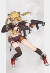  1girl asymmetrical_legwear bangs black_bikini_bottom black_gloves black_shorts blonde_hair blue_eyes commentary_request dual_wielding eyepatch girls_frontline gloves gun hair_between_eyes hair_ornament holding jacket long_hair partly_fingerless_gloves pouch red_footwear shirt short_shorts shorts sidelocks simple_background single_thighhigh skorpion_vz._61 smile solo submachine_gun thigh-highs tongue tongue_out totteri twintails vz.61_(girls_frontline) weapon yellow_shirt 