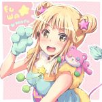  1girl :d alternate_hairstyle bang_dream! blonde_hair blush character_doll double_bun fur_gloves fur_trim gloves hair_ornament looking_at_viewer michelle_(bang_dream!) open_mouth outline paw_gloves paws pink_background pom_pom_(clothes) riai_(onsen) sidelocks slit_pupils smile solo star star_hair_ornament stuffed_animal stuffed_toy tail teddy_bear tsurumaki_kokoro upper_body white_outline yellow_eyes 