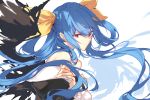  1girl blue_hair crossed_arms dizzy fukuda935 guilty_gear hair_between_eyes long_hair looking_at_viewer red_eyes ribbon simple_background solo twintails white_background wings yellow_ribbon 