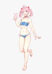  1girl barefoot bikini blue_bikini choker collarbone flat_chest full_body grey_background hair_bobbles hair_ornament highres kantai_collection looking_at_viewer navel open_mouth pink_eyes pink_hair rabbit sazanami_(kantai_collection) short_hair simple_background smile standing standing_on_one_leg swimsuit twintails upper_teeth white_wristband wristband yuuji_(and) 