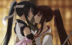  2girls alternate_costume armband black_gloves black_hair blush brown_eyes brown_hair gloves hair_between_eyes hair_intakes headband kantai_collection kisetsu long_hair multiple_girls ponytail red_eyes sidelocks sword torn_clothes very_long_hair weapon white_headband yahagi_(kantai_collection) yamato_(kantai_collection) yuri 