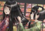  2girls autumn bangs black_hair blunt_bangs bob_cut comb combing flower glasses hair_flower hair_ornament hand_in_another&#039;s_hair highres japanese_clothes kimono long_hair multiple_girls original profile sarekoube short_hair smile 