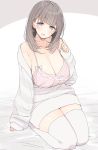  1girl :d bangs bed_sheet blue_eyes blush breasts brown_hair camisole cleavage collarbone eyebrows_visible_through_hair grey_hair highres large_breasts looking_at_viewer nekoume open_mouth original seiza sitting sleeves_past_wrists smile solo sweater tareme thigh-highs thighs white_legwear 