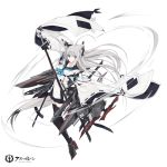  1girl anchor_symbol animal_ears arm_up azur_lane bangs black_gloves black_skirt blue_eyes cannon closed_mouth commentary_request copyright_name dress eyebrows_visible_through_hair gloves grey_hair hair_between_eyes half_gloves highres holding holding_sword holding_weapon katana kawakaze_(azur_lane) long_hair long_sleeves machinery nagishiro_mito pleated_skirt ribbon-trimmed_sleeves ribbon_trim simple_background skirt solo sword torpedo_launcher turret v-shaped_eyebrows very_long_hair weapon white_background white_dress wide_sleeves 