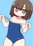  1girl bangs blue_background blue_swimsuit blush brown_eyes brown_hair character_request closed_mouth collarbone commentary_request competition_swimsuit eyebrows_visible_through_hair hair_between_eyes hands_up long_hair naga_u one-piece_swimsuit pulled_by_self simple_background smile solo strap_pull swimsuit ueno-san_wa_bukiyou 