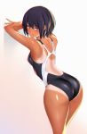  1girl :p absurdres arms_up ass back bangs bare_shoulders black_hair black_swimsuit blush breasts closed_mouth competition_swimsuit cowboy_shot eyebrows_visible_through_hair fingernails from_behind gradient gradient_background hair_between_eyes half-closed_eyes highleg highleg_swimsuit highres hips legs_together licking_lips long_fingernails looking_at_viewer looking_back one-piece_swimsuit one-piece_tan one_eye_closed original shiny shiny_skin short_hair shoulder_blades simple_background small_breasts smile solo standing swimsuit tan tanline thighs tongue tongue_out ulrich_(tagaragakuin) violet_eyes wet white_background 