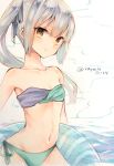  1girl bikini brown_eyes grey_hair highres innertube kantai_collection kasumi_(kantai_collection) long_hair looking_at_viewer multicolored multicolored_bikini multicolored_clothes ocean raymie0124 side-tie_bikini side_ponytail smile solo swimsuit twitter_username white_background 