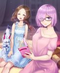  2girls ^_^ ^o^ abubu bare_shoulders book bookmark breasts brown_hair closed_eyes closed_eyes collarbone dress eyebrows_visible_through_hair fate/grand_order fate_(series) fou_(fate/grand_order) glasses hair_over_one_eye highres leonardo_da_vinci_(fate/grand_order) long_hair looking_at_viewer mash_kyrielight multiple_girls pajamas ponytail purple_hair short_hair sitting sleeveless sleeveless_dress smile violet_eyes 