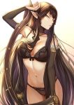  1girl absurdly_long_hair bangs bare_shoulders black_bra black_hair black_panties bow bow_bra bra breasts bridal_gauntlets choker cleavage collarbone commentary_request cowboy_shot curvy detached_sleeves elf eyebrows_visible_through_hair fate/apocrypha fate/grand_order fate_(series) gradient gradient_background hair_between_eyes highres lace lace-trimmed_thighhighs large_breasts lingerie long_hair looking_at_viewer mashu_003 navel open_mouth panties pointy_ears ribbon-trimmed_bra semiramis_(fate) signature simple_background solo thigh-highs thighs twitter_username underwear underwear_only very_long_hair yellow_eyes 