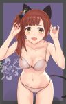  1girl :d animal_ears bangs black_border black_bow blue_background border bow bra breasts brown_bra brown_eyes brown_hair brown_panties cat_ears cat_tail claw_pose cleavage collarbone cowboy_shot eyebrows_visible_through_hair fake_animal_ears fake_tail flower gluteal_fold hair_bow idolmaster idolmaster_cinderella_girls igarashi_kyouko kozeni_isari leaning_forward long_hair looking_at_viewer medium_breasts navel one_side_up open_mouth panties rose side_ponytail skindentation smile solo standing sword tail underwear weapon 