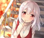  1girl autumn_leaves eyebrows_visible_through_hair finger_to_mouth hair_between_eyes jewelry karutamo leaf long_hair looking_at_viewer maple_leaf necklace original red_eyes shiny shiny_hair silver_hair sitting smile solo stairs sweater upper_body white_sweater 