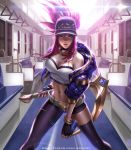  1girl akali asymmetrical_clothes asymmetrical_legwear bandeau baseball_cap bracelet breasts choker cleavage cropped_jacket fighting_stance fingerless_gloves gloves hat jacket jewelry k/da_(league_of_legends) k/da_akali large_breasts league_of_legends liang_xing long_hair looking_at_viewer microphone midriff nail_polish navel necklace open_clothes open_jacket parted_lips patreon_username ponytail purple_hair sickle single_pantsleg solo spray_can strapless train_interior violet_eyes watermark web_address 