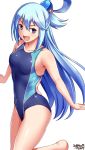  1girl aqua_(konosuba) barefoot blue_eyes blue_hair blue_swimsuit breasts commentary_request covered_navel cowboy_shot hair_ornament hair_rings highres kono_subarashii_sekai_ni_shukufuku_wo! long_hair looking_at_viewer medium_breasts open_mouth simple_background solo swimsuit tsuchimiya white_background 