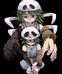  2others androgynous bone bow detached_sleeves dual_persona ex-sese green_eyes green_hair hair_ornament highres japanese_clothes kajima_(0mx3265j0g93z2c) kitsugai_sese len&#039;en multiple_others open_mouth outstretched_arms short_hair skull_hair_ornament 