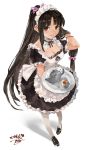  1girl ahoge alternate_costume apron black_footwear black_hair blush breasts brown_eyes cup dated dress enmaided frills hand_in_hair highres holding holding_tray kantai_collection loafers long_hair looking_at_viewer low-tied_long_hair maid maid_apron maid_headdress ponytail puffy_short_sleeves puffy_sleeves saucer shoes short_sleeves shouhou_(kantai_collection) signature smile solo teapot toka_(marchlizard) tray 