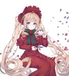  1girl absurdly_long_hair absurdres ahoge blonde_hair blue_eyes cup dress floating_hair highres holding holding_cup invisible_chair lolita_fashion long_dress long_hair long_sleeves looking_at_viewer red_dress reel37891 rozen_maiden shinku simple_background sitting solo very_long_hair white_background 