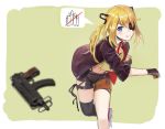  1girl asymmetrical_legwear bangs black_bikini_bottom black_gloves black_shorts blonde_hair blue_eyes blush commentary_request eyepatch girls_frontline gloves gun hair_between_eyes hair_ornament highres jacket long_hair partly_fingerless_gloves red_footwear shirt shorts sidelocks single_thighhigh skorpion_vz._61 smile solo submachine_gun tararelux thigh-highs throwing tongue tongue_out traditional_media twintails vz.61_(girls_frontline) watercolor_(medium) weapon yellow_shirt 