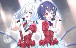  blue_eyes eichan_(eichanidfi) eyebrows_visible_through_hair hair_between_eyes hair_ribbon idol konno_junko long_hair low_twintails mizuno_ai multiple_girls red_eyes ribbon short_hair silver_hair twintails white_hair zombieland_saga 