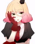  1girl angels_of_death blonde_hair catherine_ward cathy_(satsuriku_no_tenshi) dyed_hair green_eyes hand_on_own_face looking_away pink_hair red_gloves red_tie ring satsuriku_no_tenshi suit_jacket white_shirt 