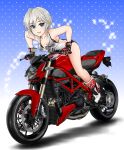  1girl absurdres anastasia_(idolmaster) bangs bare_shoulders bikini black_bikini blue_background blue_eyes blush boots breasts cleavage eyelashes flick_(sal23) gloves gradient gradient_background ground_vehicle highres hips idolmaster idolmaster_cinderella_girls leaning_forward legs looking_at_viewer medium_breasts motor_vehicle motorcycle open_mouth polka_dot polka_dot_background red_gloves see-through short_hair silver_hair smile solo sparkle swimsuit thighs white_tank_top 