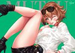  1girl anchor artist_name black_footwear blush boots breasts brown_hair character_name eyewear_on_head finger_to_mouth from_side gloves green_background green_eyes grin hair_between_eyes heart high_heels kantai_collection large_breasts leg_up lips long_sleeves looking_at_viewer lying mutsu_(kantai_collection) on_back one_eye_closed ribbed_sweater sakiyamama short_hair smile solo sunglasses sweater thigh-highs white_sweater 