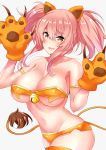  1girl animal_ears armlet bangs bare_shoulders bell bikini blush breasts claws cleavage collarbone eyelashes fang gloves hair_between_eyes hands_up highres hips idolmaster idolmaster_cinderella_girls jingle_bell jougasaki_mika large_breasts lion_ears lion_tail long_hair looking_at_viewer navel open_mouth orange_bikini paw_gloves paws pink_hair sankakusui shiny shiny_hair sidelocks simple_background smile solo swimsuit tail twintails white_background yellow_eyes 