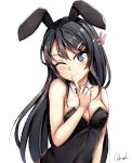  1girl ;) animal_ears bangs bare_arms bare_shoulders black_hair black_hairband black_leotard blush breasts bunny_girl bunny_hair_ornament bunnysuit chrisandita cleavage closed_mouth collarbone commentary detached_collar eyebrows_visible_through_hair fake_animal_ears finger_to_mouth fishnets hair_between_eyes hair_ornament hairband hairclip hand_up head_tilt highres leotard long_hair medium_breasts one_eye_closed rabbit_ears sakurajima_mai seishun_buta_yarou shushing signature simple_background smile solo strapless strapless_leotard upper_body v-shaped_eyebrows very_long_hair violet_eyes white_background white_collar 