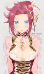  1girl alternate_costume alternate_hairstyle blue_eyes blush breasts cleavage code_geass embarrassed floral_background flower formal hair_ornament hair_up highres jewelry kallen_stadtfeld large_breasts necklace pink_flower pink_rose red_flower red_rose redhead rose see-through short_hair solo sumi_otto 