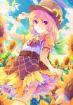  1girl arm_up bag belt bracelet day dennryuurai flower hair_ribbon hat highres jewelry lifted_by_self lolita_fashion long_hair looking_at_viewer nail_polish original puffy_short_sleeves puffy_sleeves ribbon short_sleeves skirt skirt_lift smile solo standing sunflower 