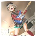 aoba_moca bang_dream! black_choker black_gloves black_hat black_neckwear black_sailor_collar black_skirt cable choker classroom closed_eyes electric_guitar gloves grey_hair guitar hair_over_one_eye half_gloves hat indoors instrument kneehighs long_sleeves lost_one_no_goukoku_(vocaloid) music neckerchief open_mouth plaid plaid_skirt playing_instrument pleated_skirt red_legwear red_shirt riai_(onsen) sailor_collar school_uniform serafuku shirt short_hair skirt star star_print vocaloid