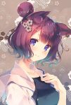  1girl animal_ears bangs black_shirt blue_eyes cat_ears collarbone eyebrows_visible_through_hair fate/grand_order fate_(series) hair_bun hair_ornament head_tilt hood hood_down hooded_jacket jacket katsushika_hokusai_(fate/grand_order) looking_at_viewer mitsumi_misato open_clothes open_jacket purple_hair shirt short_hair smile solo upper_body white_jacket 