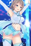  1girl :d \o/ aqua_skirt aquarium armpits arms_up blue_bow blue_eyes blurry blurry_background blush bow bowtie bracelet breasts capelet commentary_request crop_top detached_sleeves fish frilled_capelet frills grey_hair hair_ornament jewelry koi_ni_naritai_aquarium komone_ushio love_live! love_live!_sunshine!! medium_breasts miniskirt navel open_mouth outstretched_arms panties short_hair skirt smile solo striped striped_neckwear sweat thigh-highs tiara underwear watanabe_you white_panties 