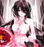  1girl absurdres annlin ara_han bare_shoulders black_dress black_gloves black_hair blurry blurry_background breasts cleavage collarbone cowboy_shot dress elbow_gloves elsword flower gloves hair_over_one_eye highres holding indoors long_hair looking_at_viewer orange_eyes parted_lips rose sidelocks sleeveless standing veil wedding_dress white_gloves 