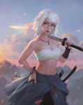  1girl absurdres bangs blue_sky breasts clouds commentary edward_chee_kok_seang english_commentary evening freckles glasses grey_eyes highres holding holding_sword holding_weapon jewelry katana lips looking_at_viewer medium_breasts mountainous_horizon necklace original parted_lips pink_lips pink_petals round_eyewear sarashi short_hair sky solo stomach sunlight swept_bangs sword toned weapon white_hair 