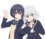  2girls arm_holding konno_junko mizuno_ai multiple_girls school_uniform serafuku smile v waving zombieland_saga 