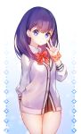  1girl blue_eyes bow bowtie cardigan closed_mouth eyebrows_visible_through_hair highres long_sleeves looking_at_viewer popupi purple_hair red_neckwear shirt short_hair solo ssss.gridman takarada_rikka v white_cardigan white_shirt 